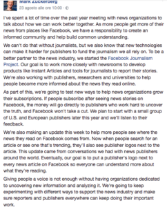il post di mark zuckerberg facebook marketing & journalism
